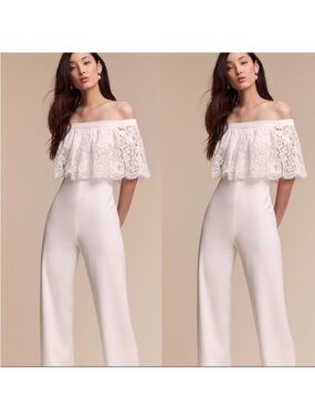 BHLDN Off-Shoulder Lace Overlay White Jumpsuit